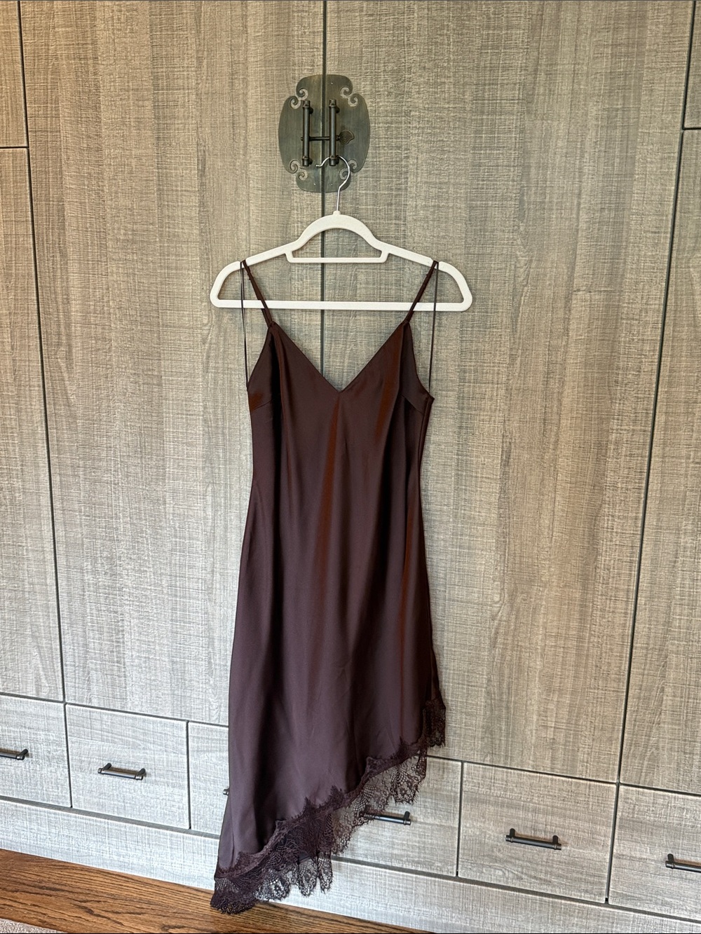 Zara Satin Slip Dress with Lace Hem in Deep Brown - Picture 8 of 17
